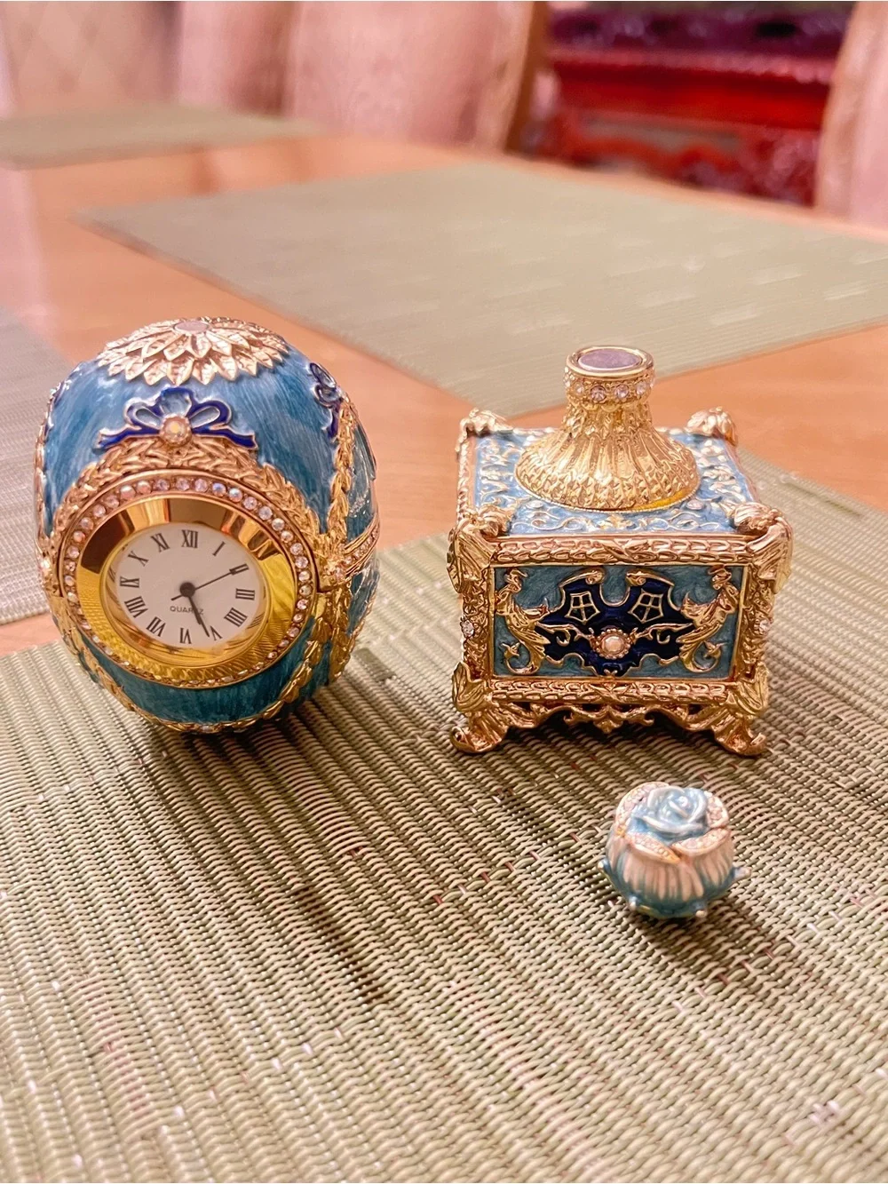 Faberge Blue and Gold Ornamental Egg Clock